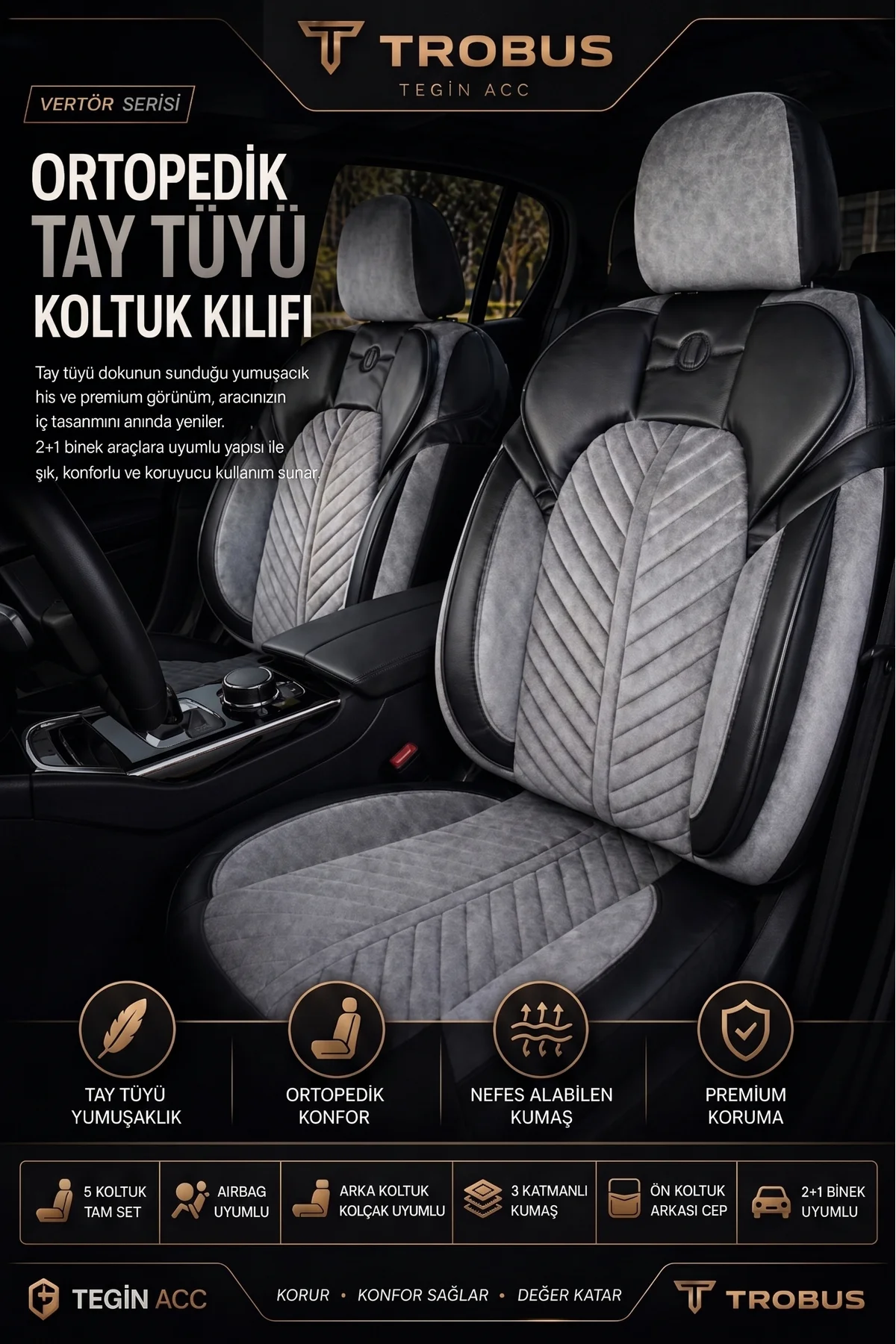 Nissan Pulsar 2016-2019 Uyumlu Süvari Serisi Tay Tüyü Gri Siyah Premium Koltuk Kılıfı