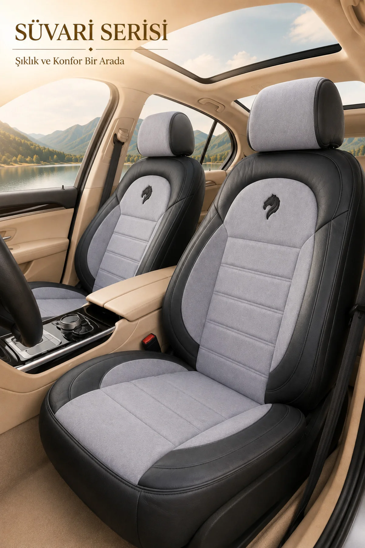 Nissan Pulsar 2016-2019 Uyumlu Süvari Serisi Tay Tüyü Gri Siyah Premium Koltuk Kılıfı