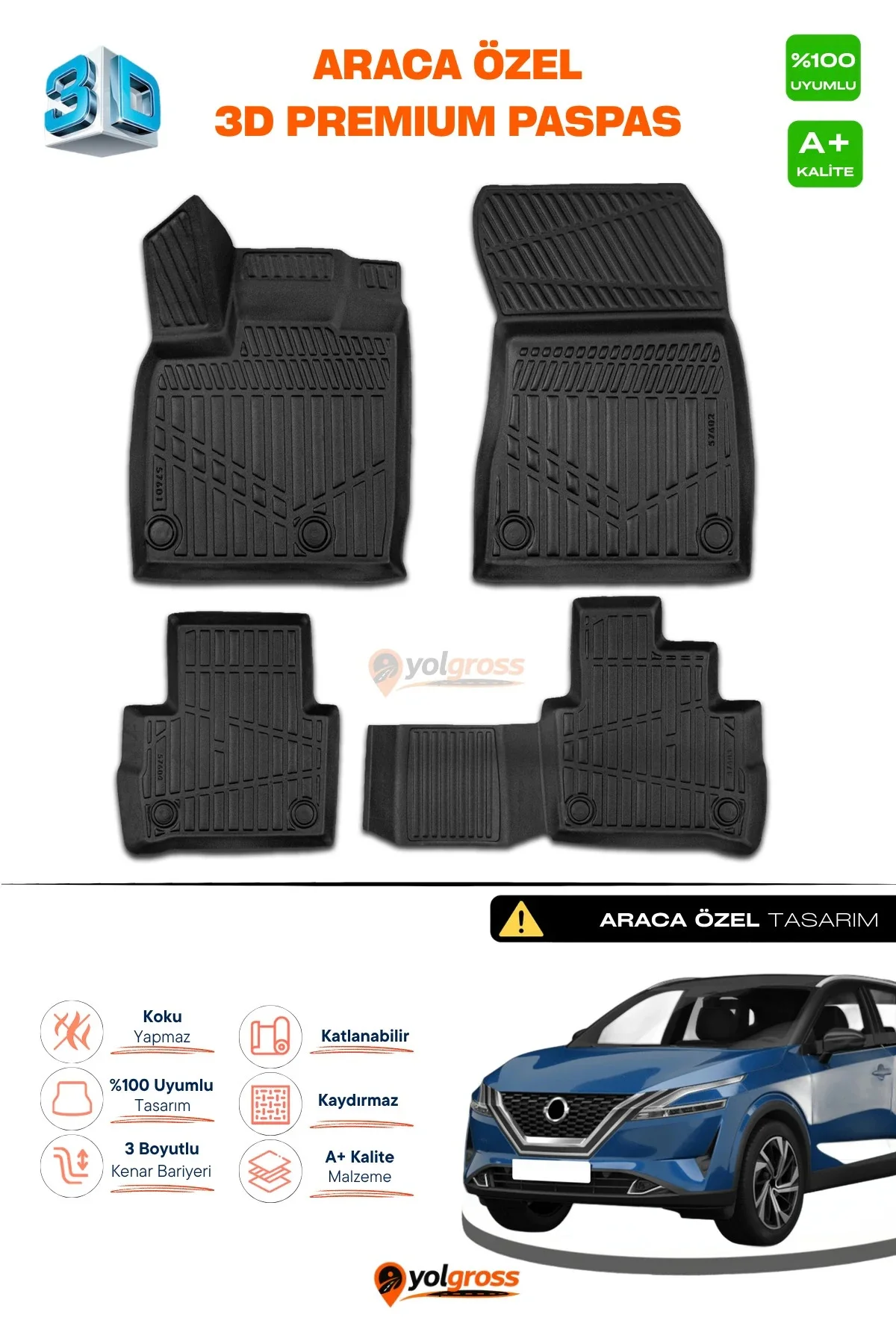 Nissan Qashqai 1.3 Benzinli 3D Pro Havuzlu Paspas 2021 Üzeri A+ Kalite