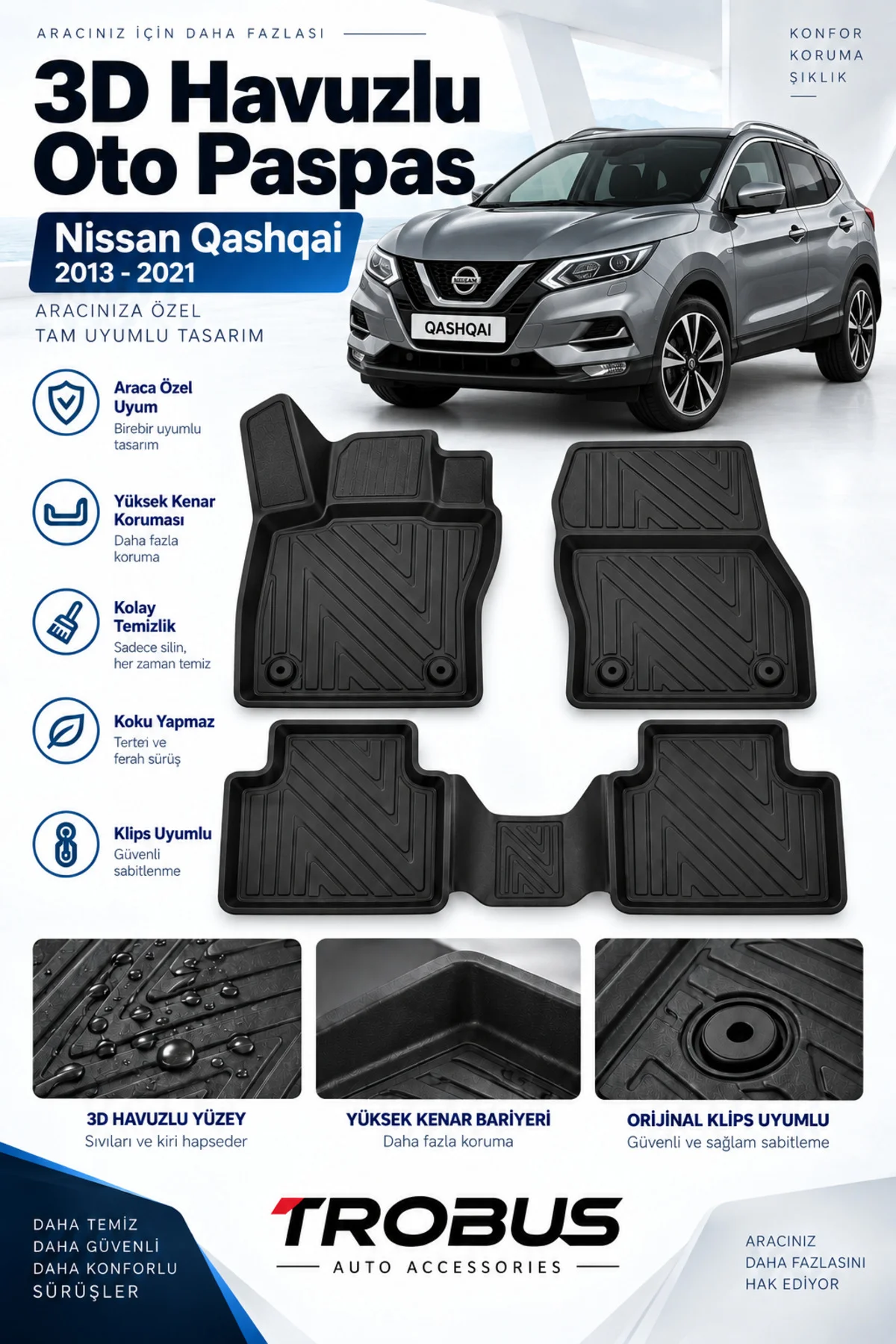 Nissan Qashqai 2013-2021 Karbon Desenli Premium 3D Havuzlu Oto Paspas