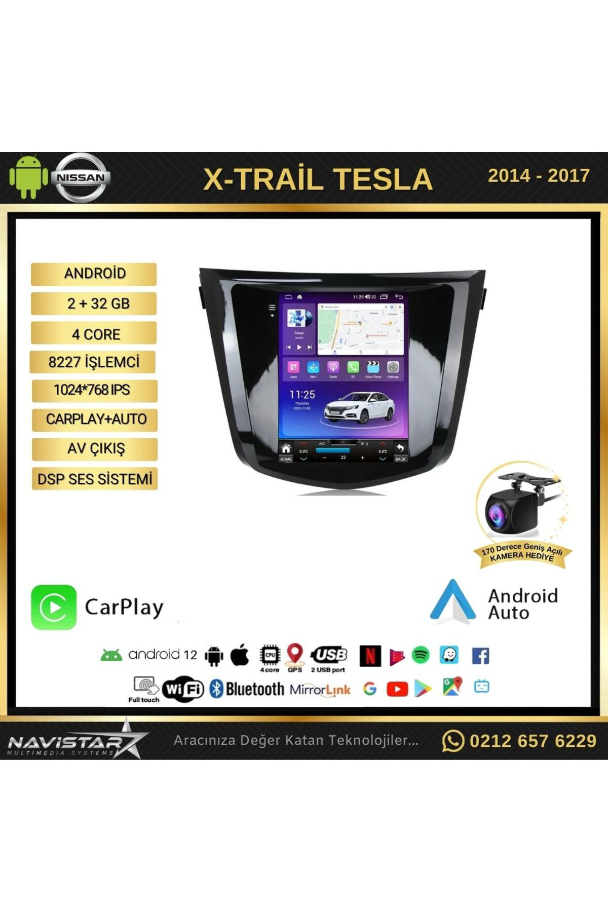 Nissan Xtrail Tesla 2014-2017 Model 2gb 32gb Kablosuz Carplay Nav