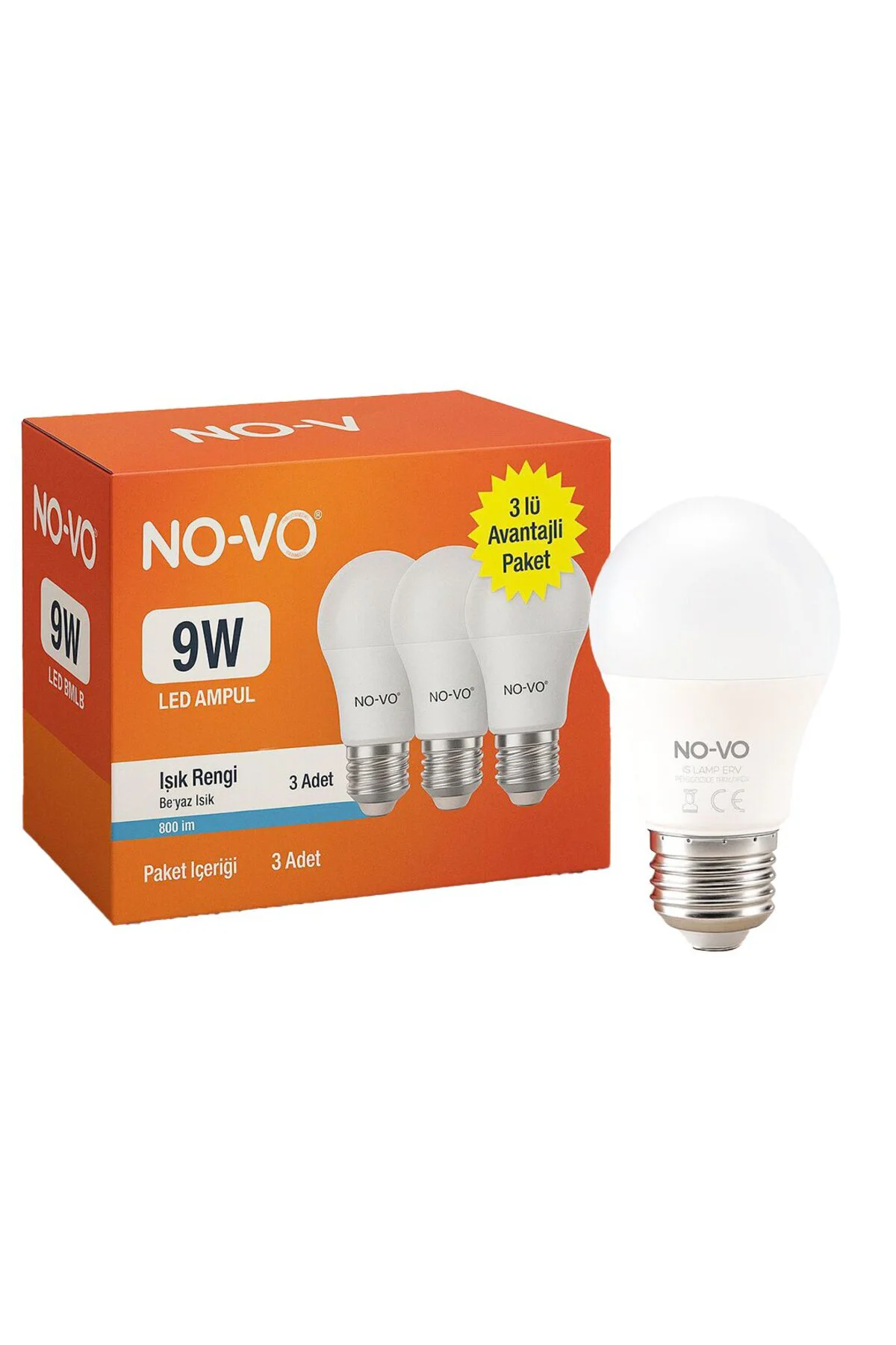 NO-VO 3LÜ AVANTAJ PAKET 9W BEYAZ LED AMPUL E27 806LM 6500K 15.000