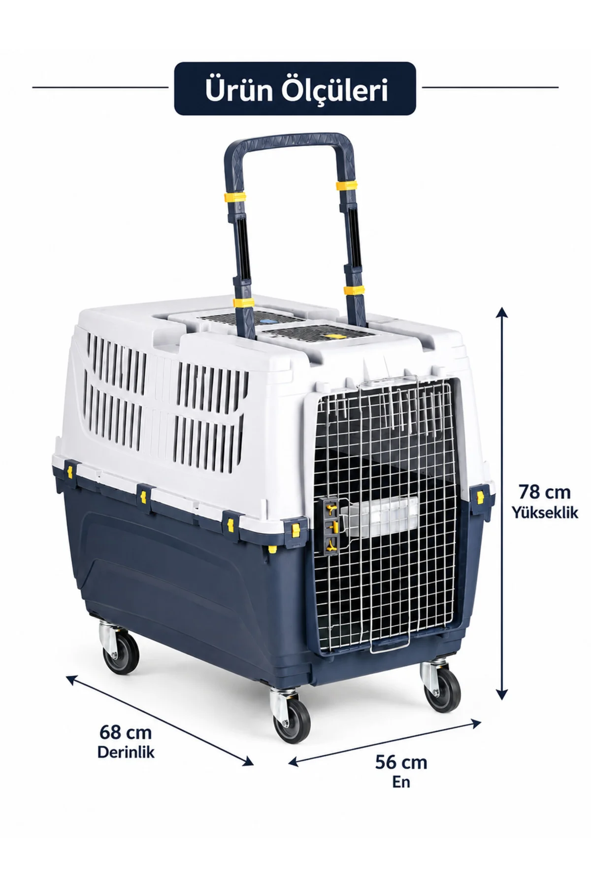 No:5 Büyük Boy Köpek Taşıma Kafesi Tekerlekli Çekçekli IATA Uyumlu Pet Taşıma Box 56x68x78 cm