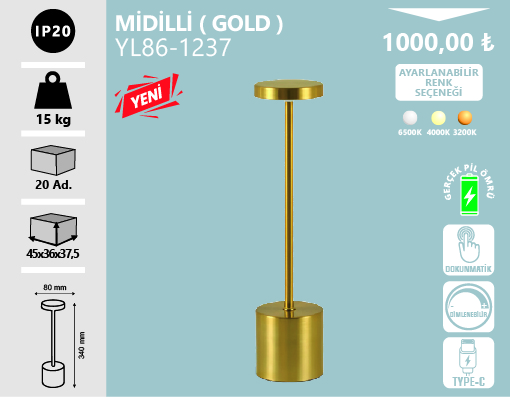 Noas  Midilli Masa Lambasi Şarj Edilebilir Gold- 3 Renk