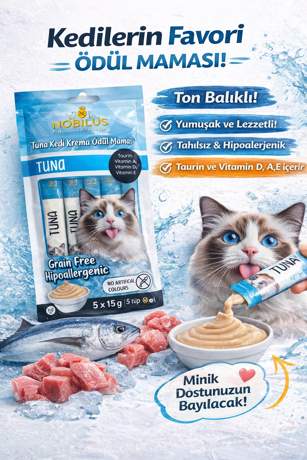 Nobilus Ton Balıklı Etli Kedi Krema Ödül Maması 5 x 15 gr