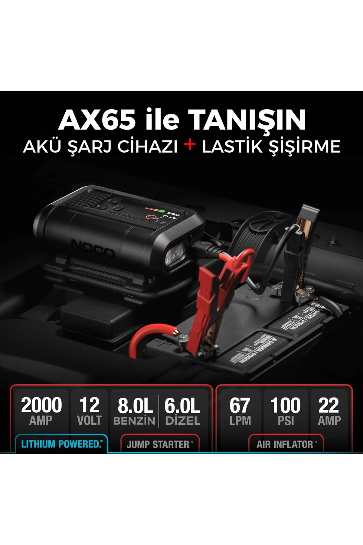 NOCO AX65 12V Lityum 2000Amp Akıllı Akü Takviye + Pompa + Powerbank + Led Lamba