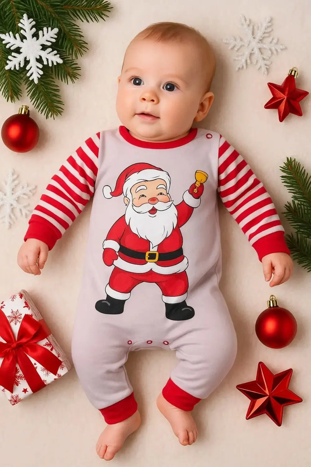 Noel Baba Detaylı Bebek Tulum % 100 Pamuk