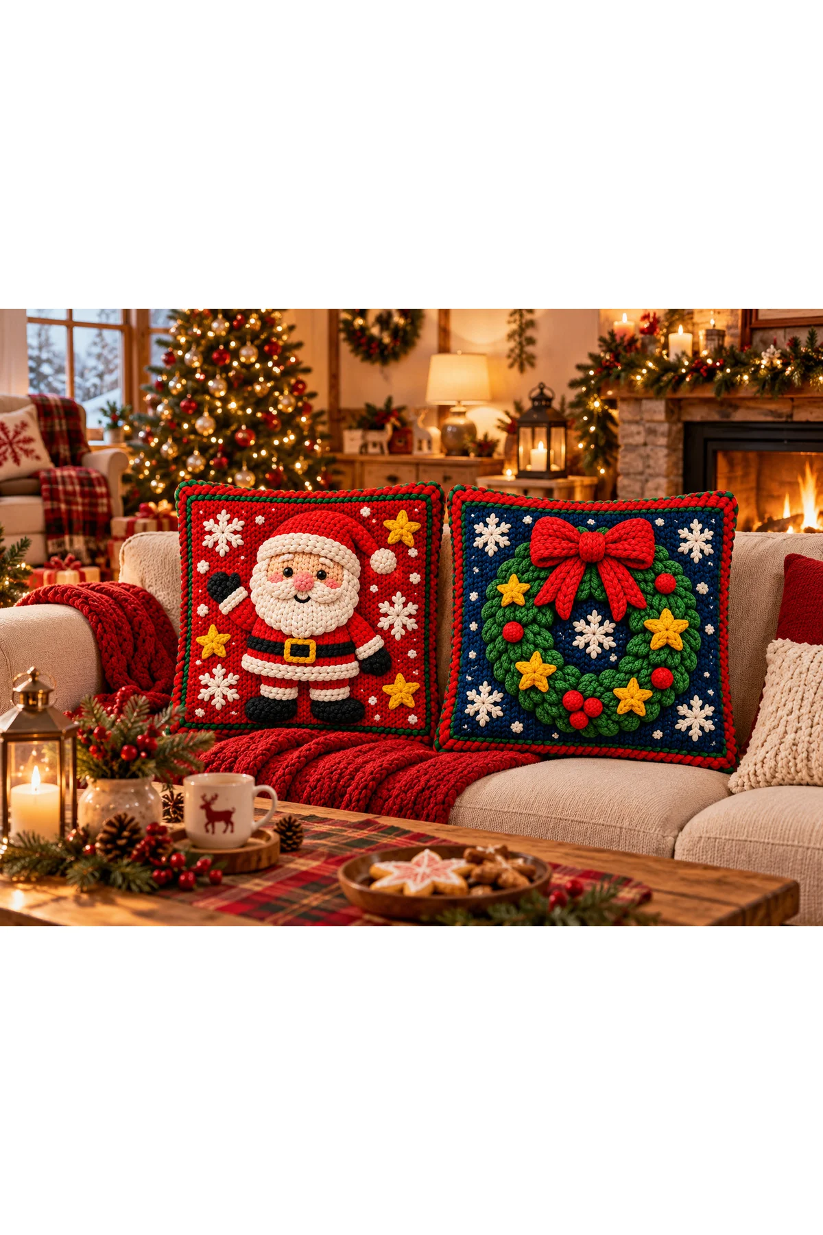 Noel Işıltısı Yılbaşı Noel Baba ve Çelenk Desenli 3D Örgü Görünümlü Dekoratif 2’li Kırlent Kılıfı Seti