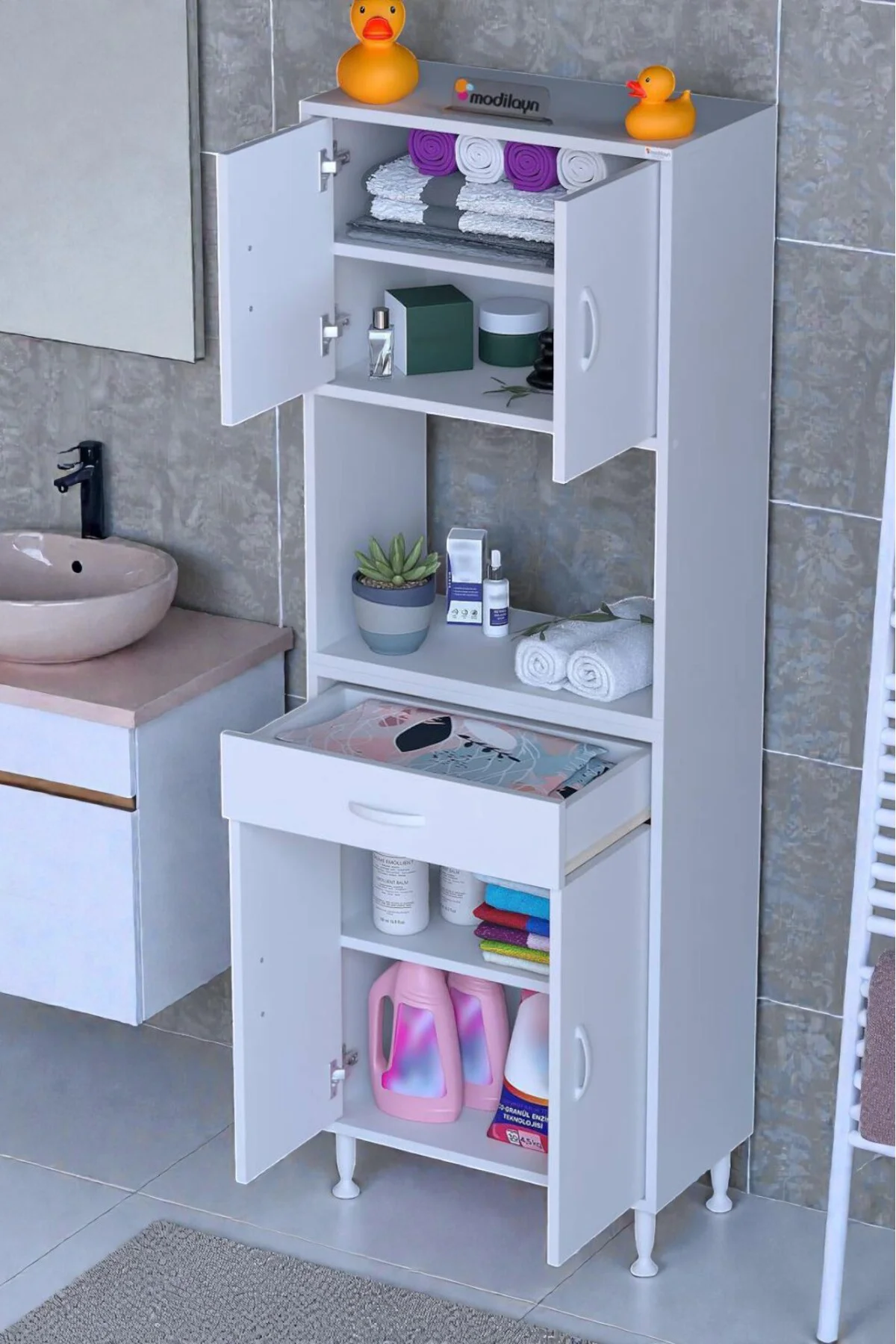 Nordi 4 Kapak 2 Raflı Beyaz Dolap 55x173x32,5 cm Çekmeceli Çok Am
