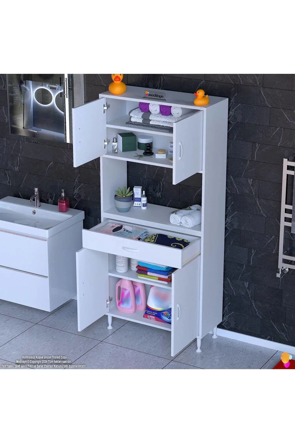Nordi 4 Kapak 2 Raflı Beyaz Dolap 75x173x32,5 cm Çekmeceli Çok Am