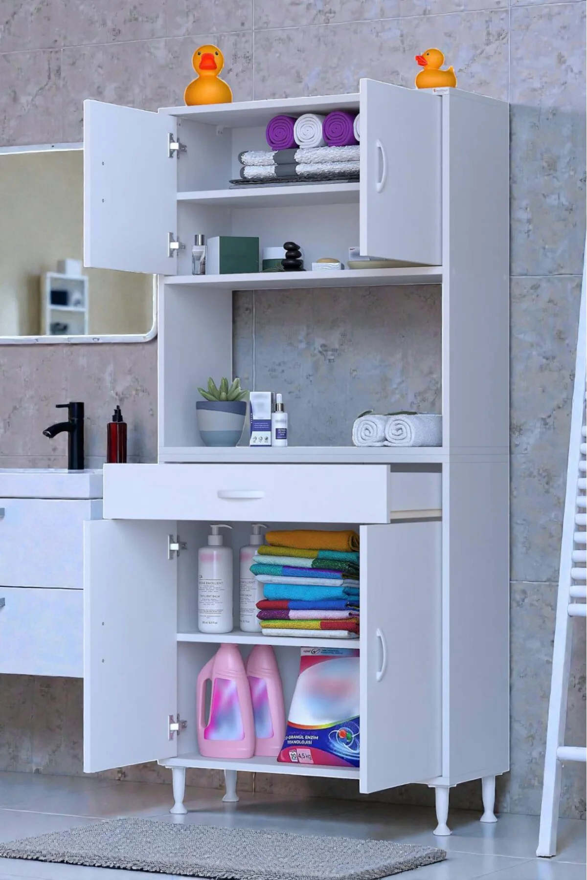 Nordi 4 Kapak 2 Raflı Beyaz Dolap 75x173x32,5 cm Çekmeceli Çok Am