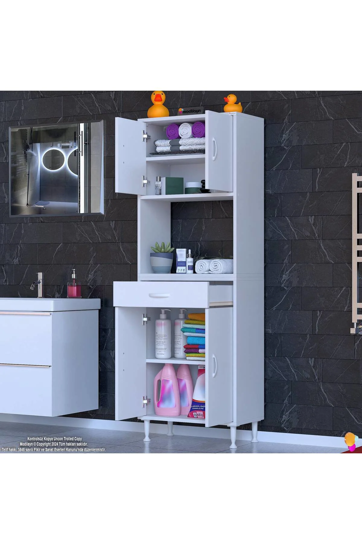 Nordi 4 Kapak 2 Raflı Beyaz Dolap 60x173x32,5 cm Çekmeceli Çok Am