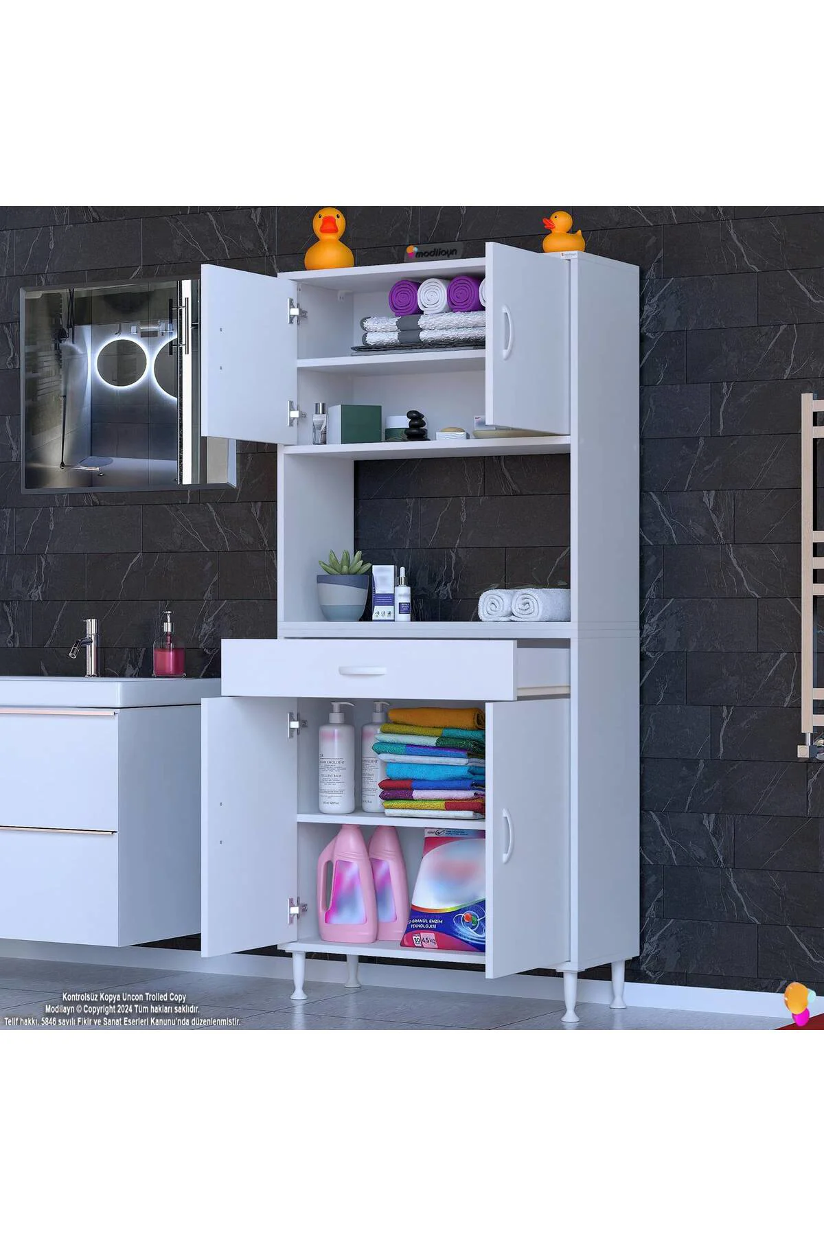 Nordi 4 Kapak 2 Raflı Beyaz Dolap 75x173x32,5 cm Çekmeceli Çok Am
