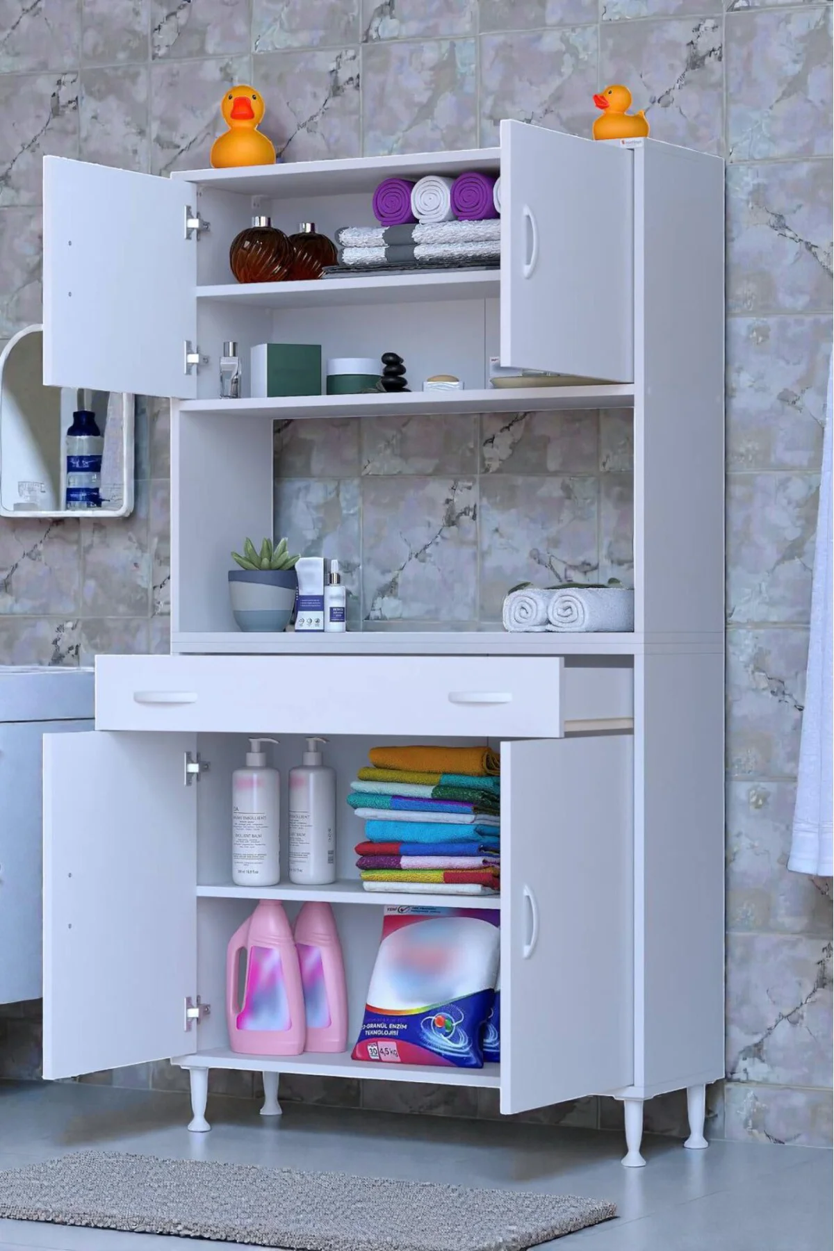Nordi 4 Kapak 2 Raflı Beyaz Dolap 90x173x32,5 cm Çekmeceli Çok Am