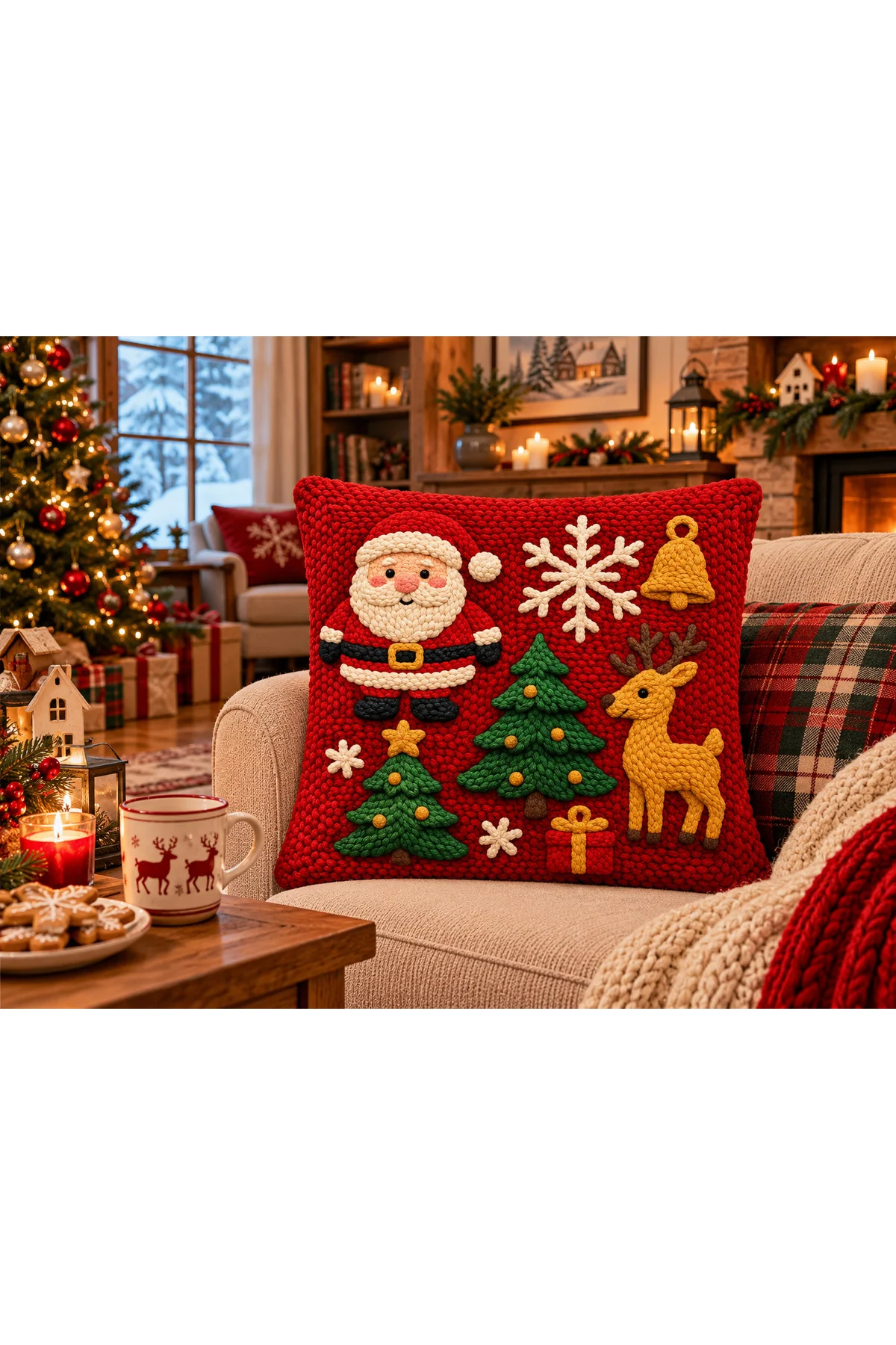 North Pole Yılbaşı Noel Baba, Geyik ve Çam Ağacı Desenli 3D Örgü Görünümlü Dekoratif 2’li Kırlent Kılıfı Seti