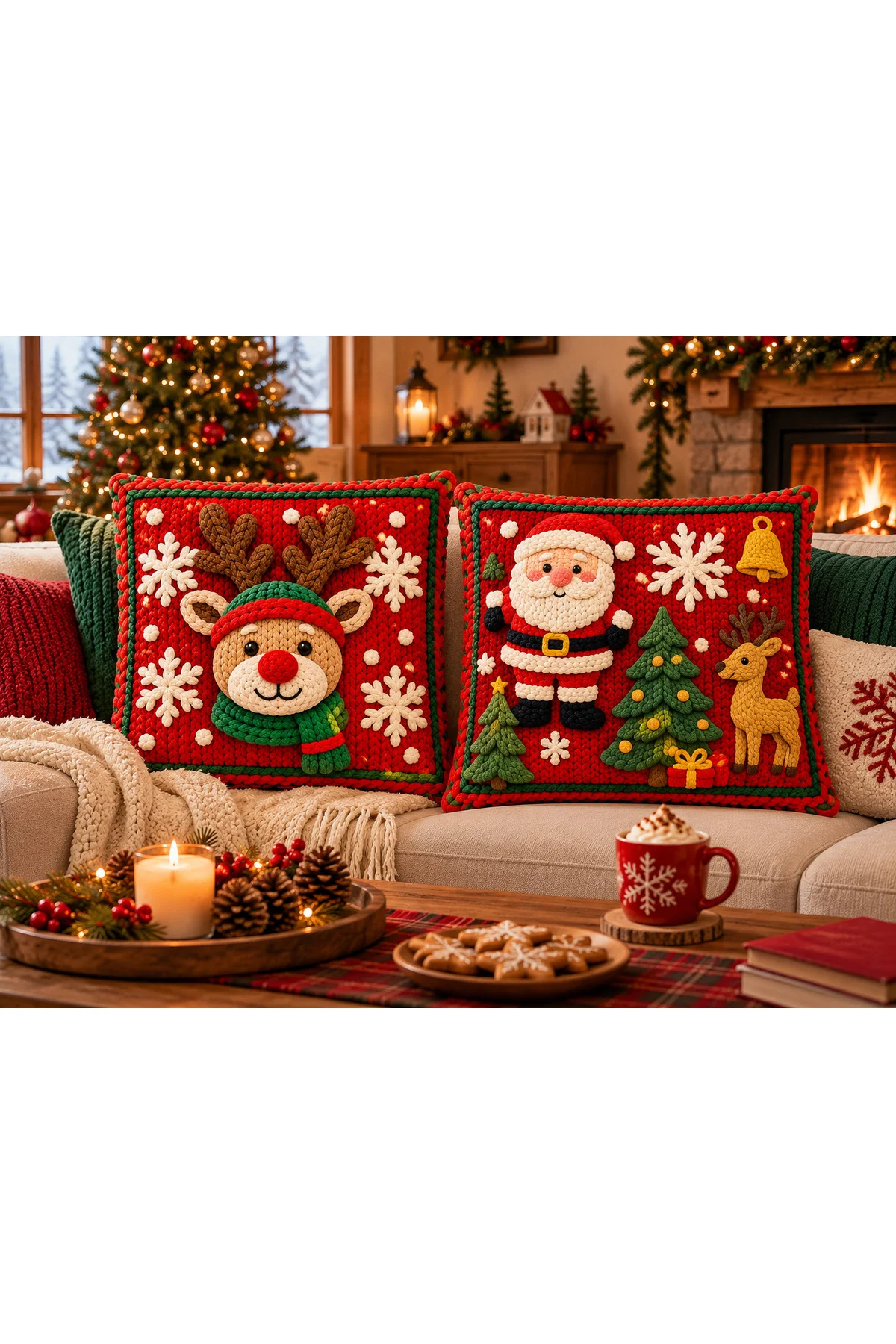 North Pole Yılbaşı Noel Baba, Geyik ve Çam Ağacı Desenli 3D Örgü Görünümlü Dekoratif 2’li Kırlent Kılıfı Seti