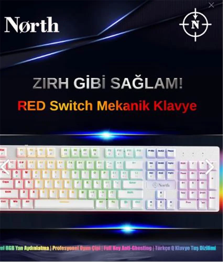 North Shield White Red Switch Türkçe Q RGB Beyaz Mekanik Gaming K