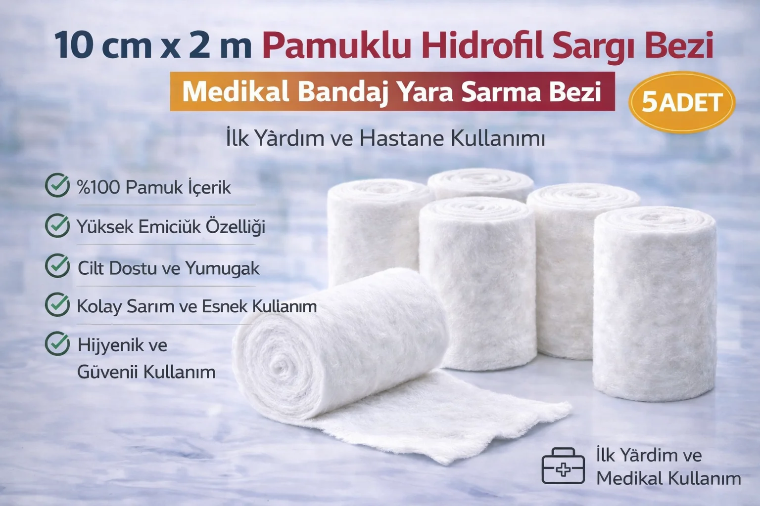 Northcity 10 cm x 2 m Pamuklu Hidrofil Sargı Bezi Medikal Bandaj 