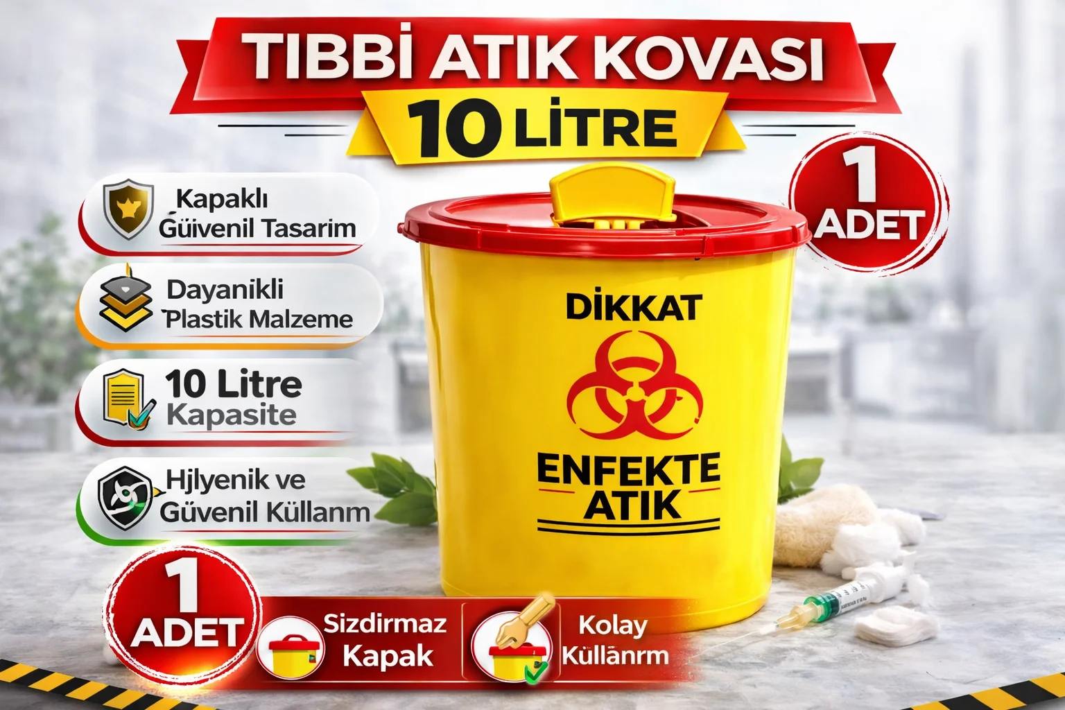 10 Litre Kapaklı Tıbbi Atık Kovası - Enfekte Atık Kutusu ve Medikal Atık Kovusu - Hijyenik ve Güvenli Çözüm