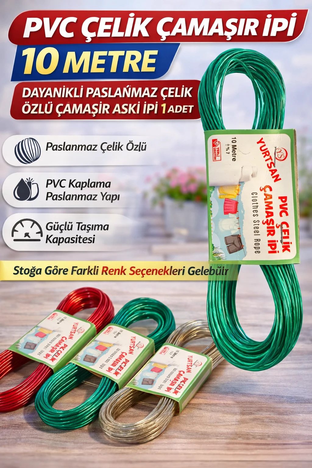 Northcity 10 Metre Çelik Çamaşır İpi - Paslanmaz Çelik Özlü, Sark