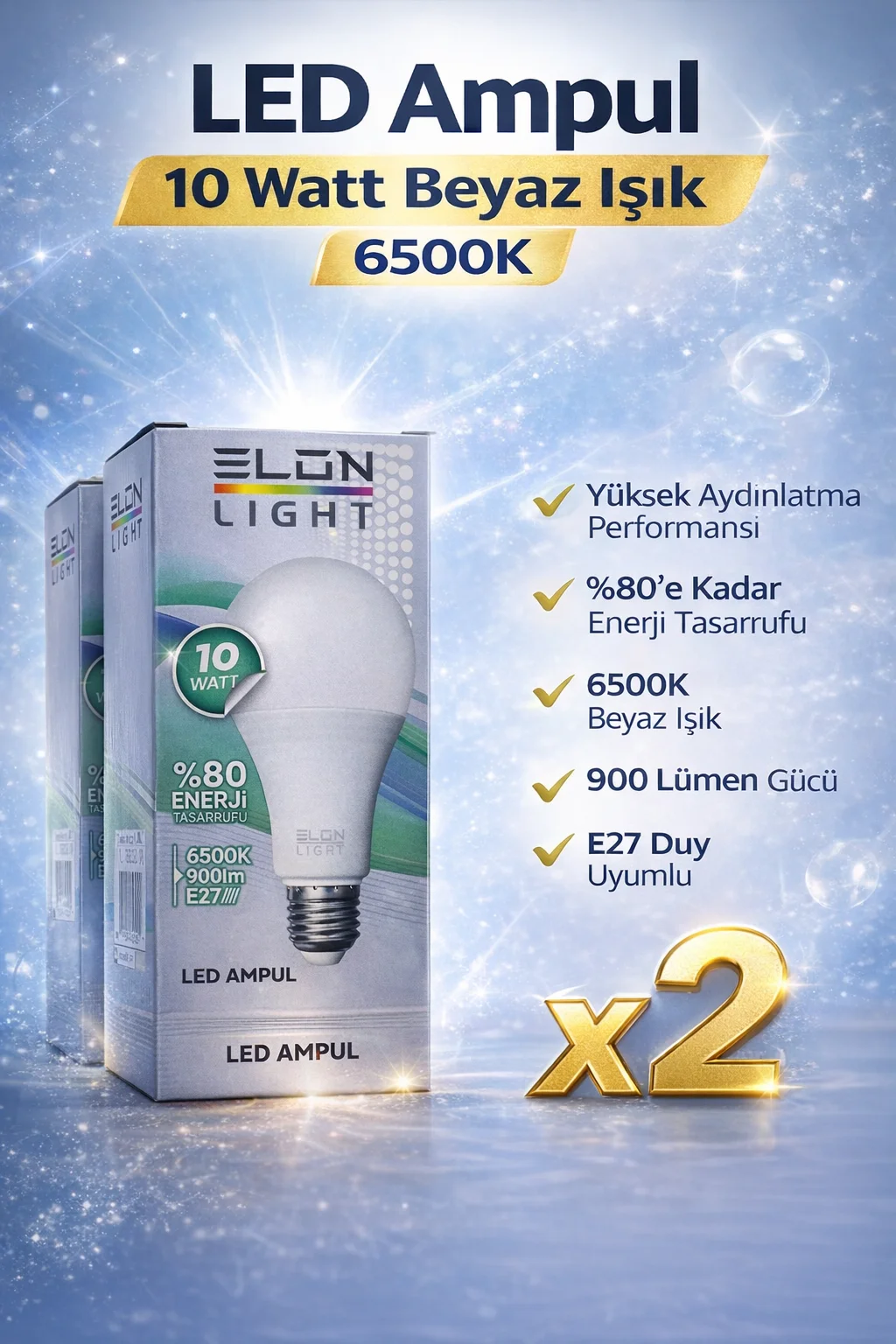 10 Watt Beyaz LED Ampul E27 Duy Yüksek Aydınlatma Enerji Tasarruflu 2 Adet