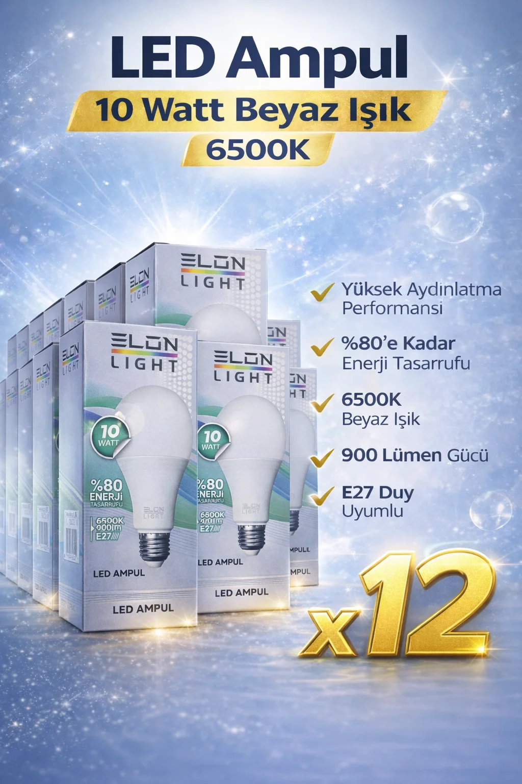 10 Watt LED Ampul 6500K Beyaz Işık E27 Duy - Enerji Tasarruflu 12 Adet Paket