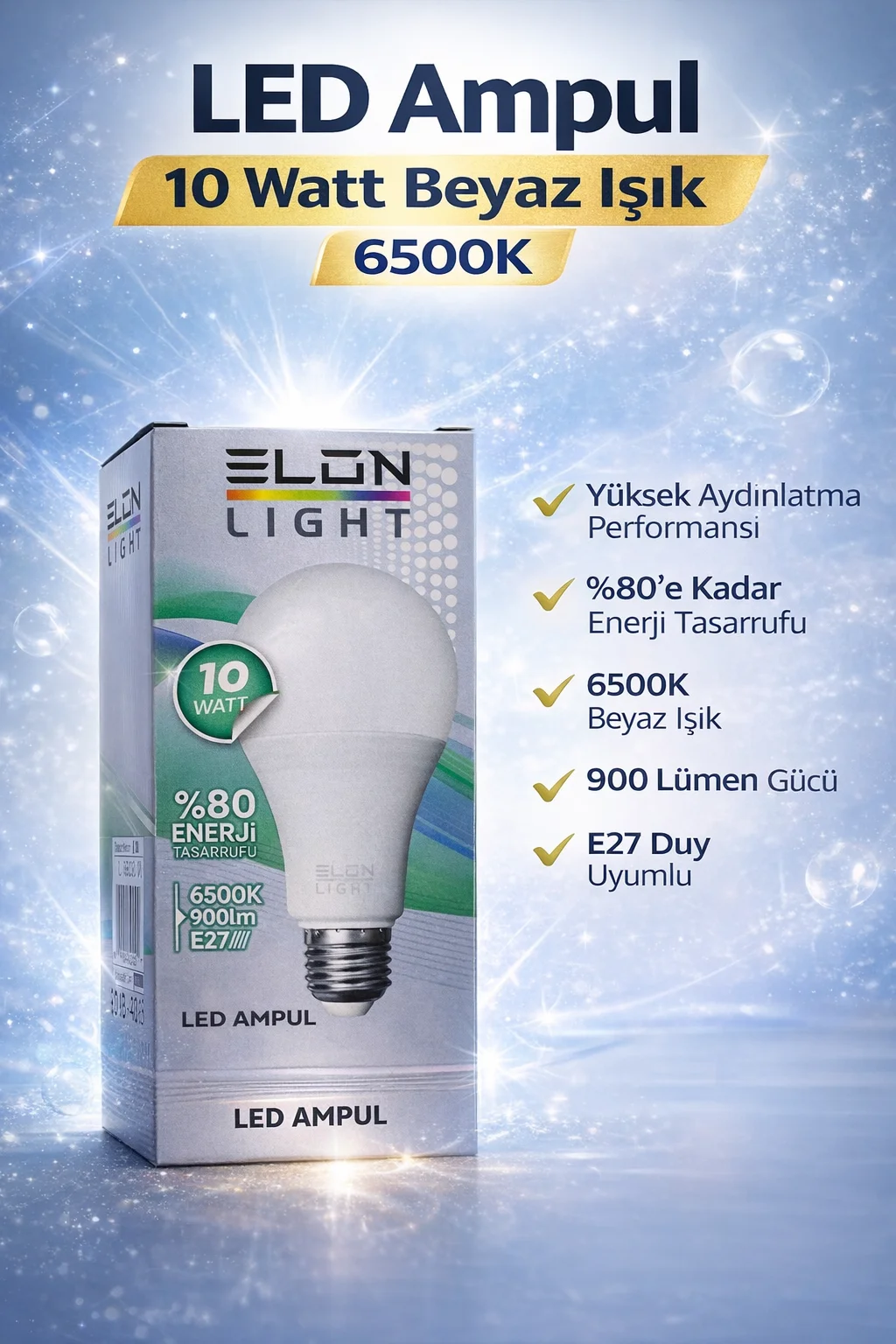 10 Watt LED Ampul - 6500K Beyaz Işık E27 Duy Enerji Tasarruflu Yüksek Aydınlatma