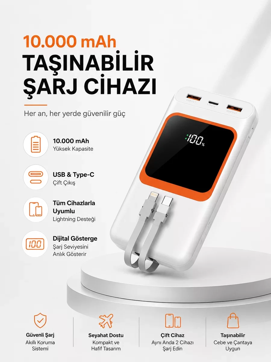 10.000 mAh Taşınabilir Powerbank Dijital Göstergeli Güç İstasyonu