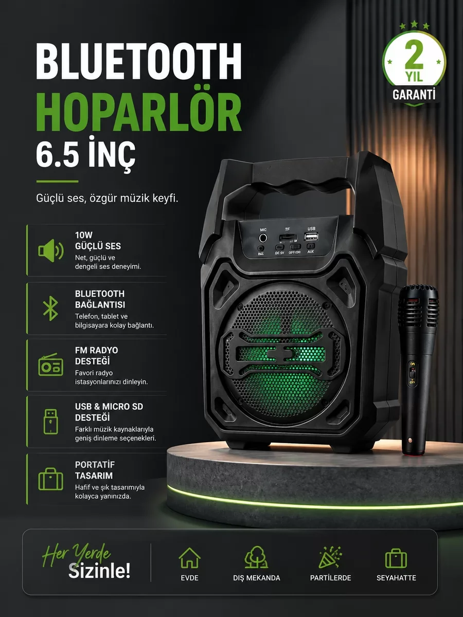 10W Güçlü Ses Performanslı Bluetooth Karaoke Hoparlörü - Kablosuz ve Uzun Süreli Etkinlikler İçin