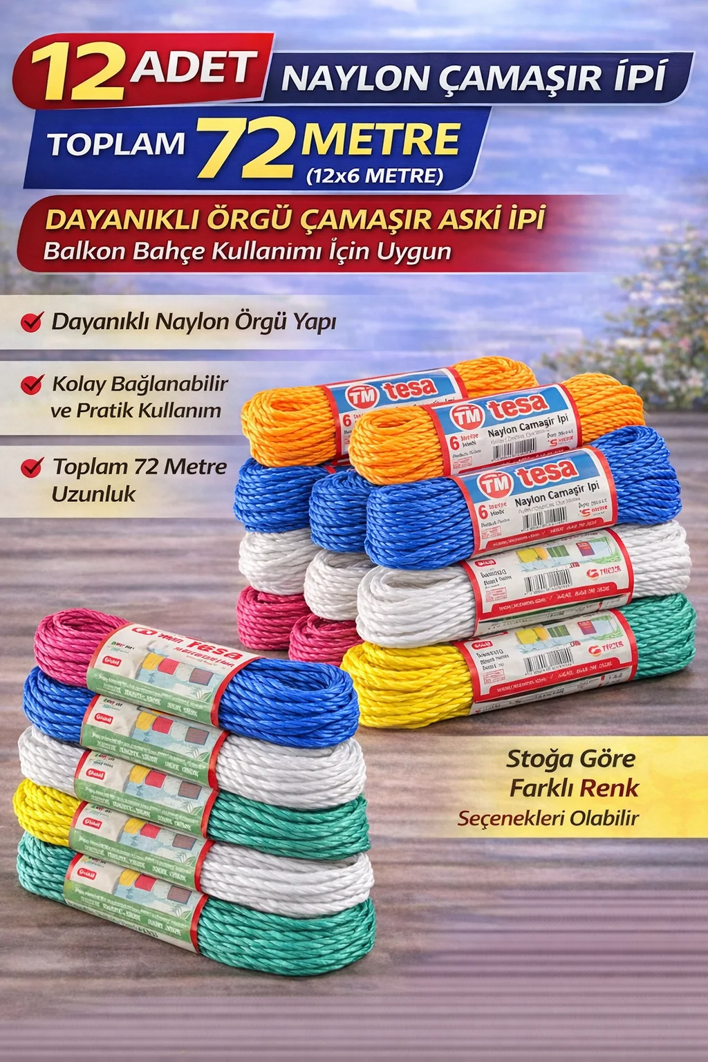 Northcity 12 Adet Naylon Çamaşır İpi - 6 Metre Örgü Askı İpi (Top