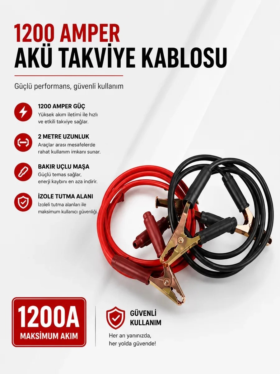 1200 Amper Akü Takviye Kablosu 2 Metre Bakır Uçlu - Güvenilir Yedek Güç Kaynağı