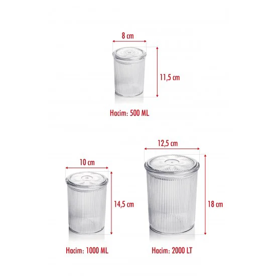12'li Barok Yuvarlak Kavanoz Seti - 3 Boy Erzak ve Saklama Kabı (4x2000ml, 4x1000ml, 4x500ml)