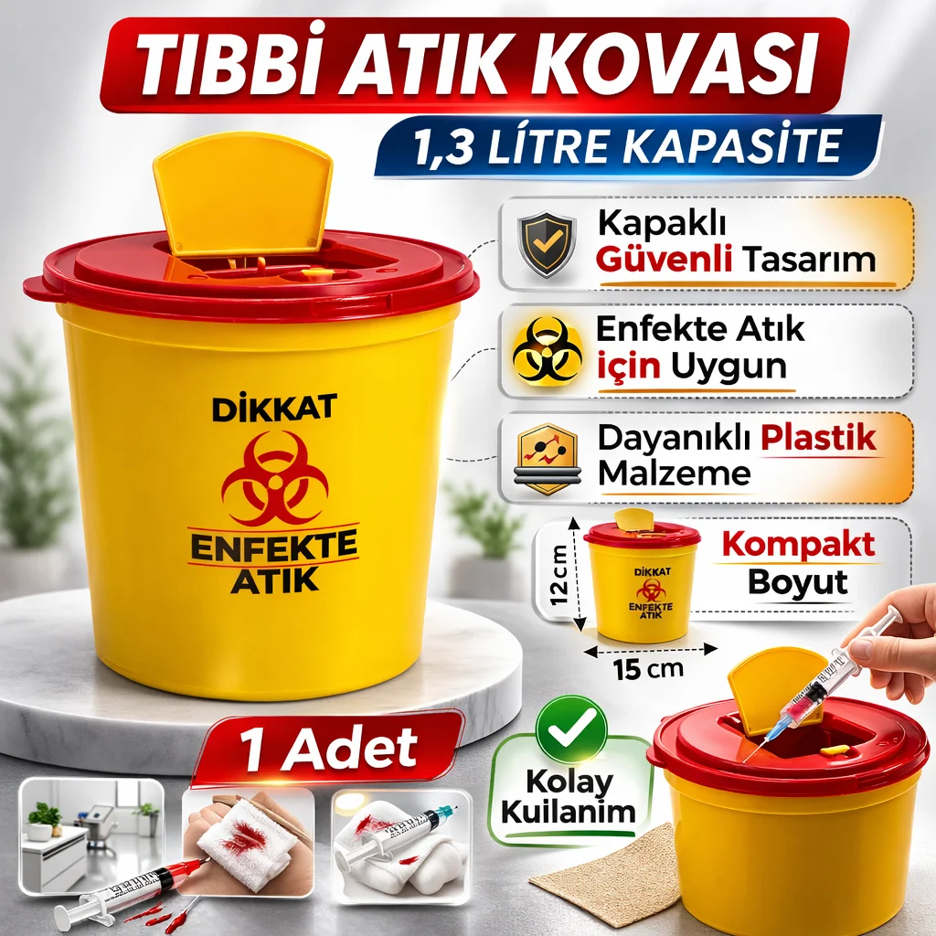 1.3 Litre Kapaklı Tıbbi Atık Kovası - Enfekte Atık Kutusu ve Medikal Atık Kovusu