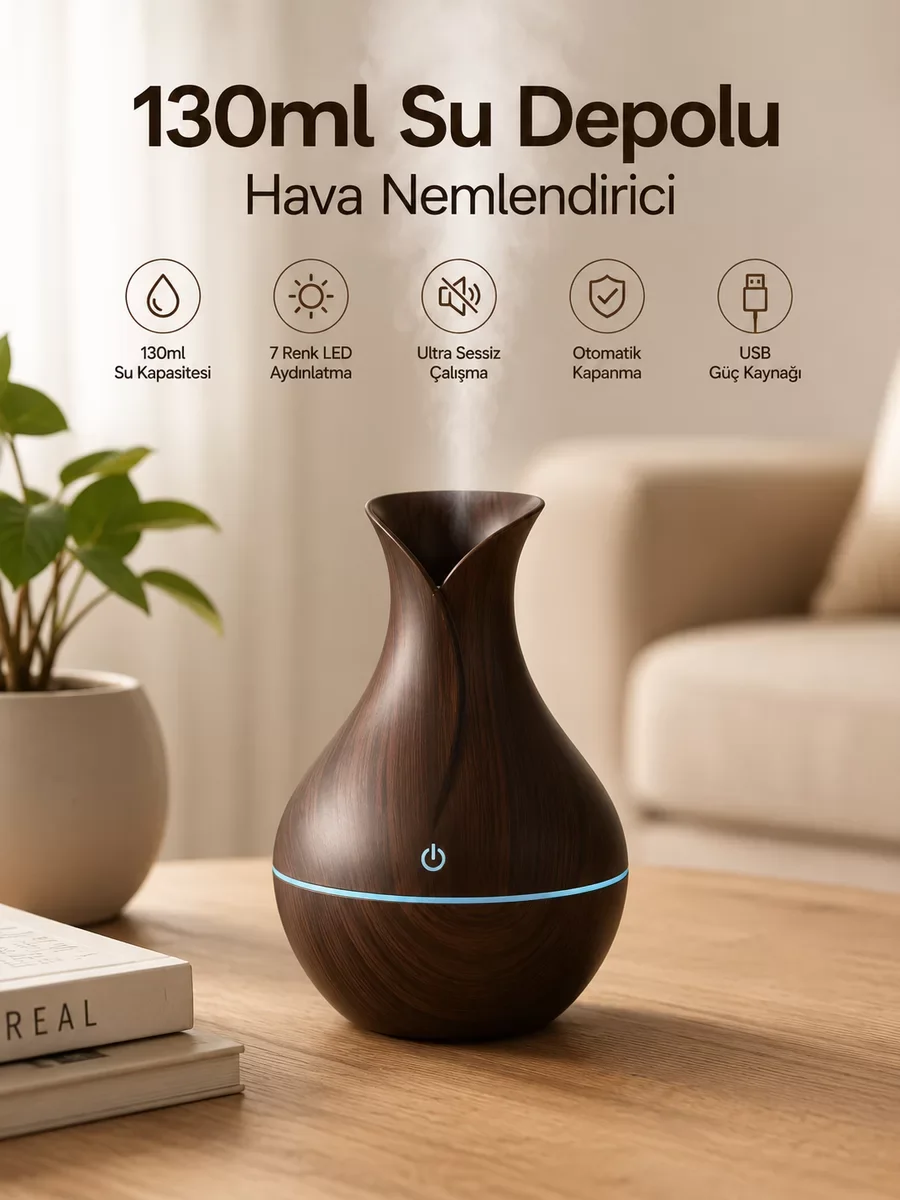 130ml Aromaterapi Difüzörü - 7 Renk LED Hava Nemlendirici ve Masaüstü Spa