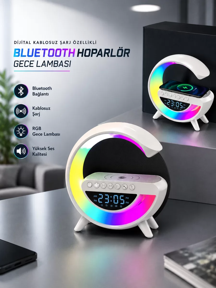 15W Kablosuz Bluetooth Hoparlör ve LED Gece Lambası - Hızlı Şarj ve 10 Saat Pil Ömrü