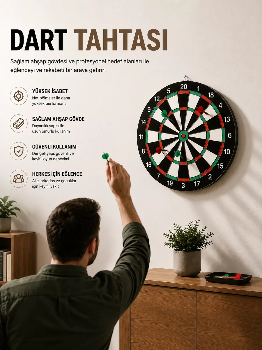 17 İnç Ahşap Dart Tahtası ve Kapsamlı Metal İğne Seti - Profesyonel Kalite ve Uzun Ömürlü Kullanım