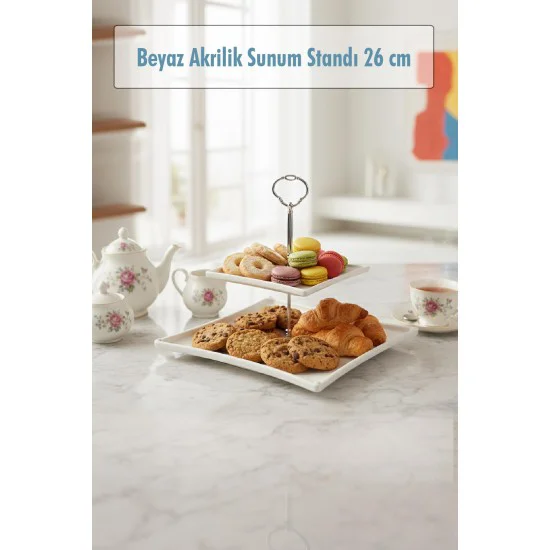 2 Katlı Beyaz Akrilik Meyvelik & Kurabiyelik Sunum Standı 26 cm - Modern Sunum Köşesi