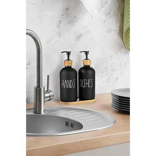 2 Li Bambu Altlıklı Sıvı Sabunluk Seti Siyah - Minimalist Lavabo Aksesuarı ve Pratik Çözüm