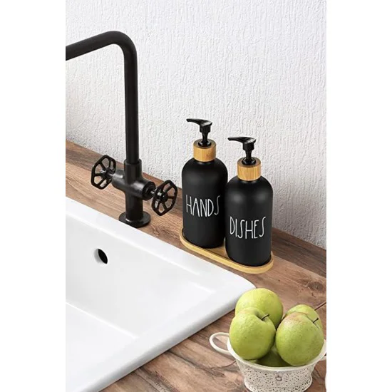 2 Li Bambu Altlıklı Sıvı Sabunluk Seti Siyah - Minimalist Lavabo Aksesuarı ve Pratik Çözüm