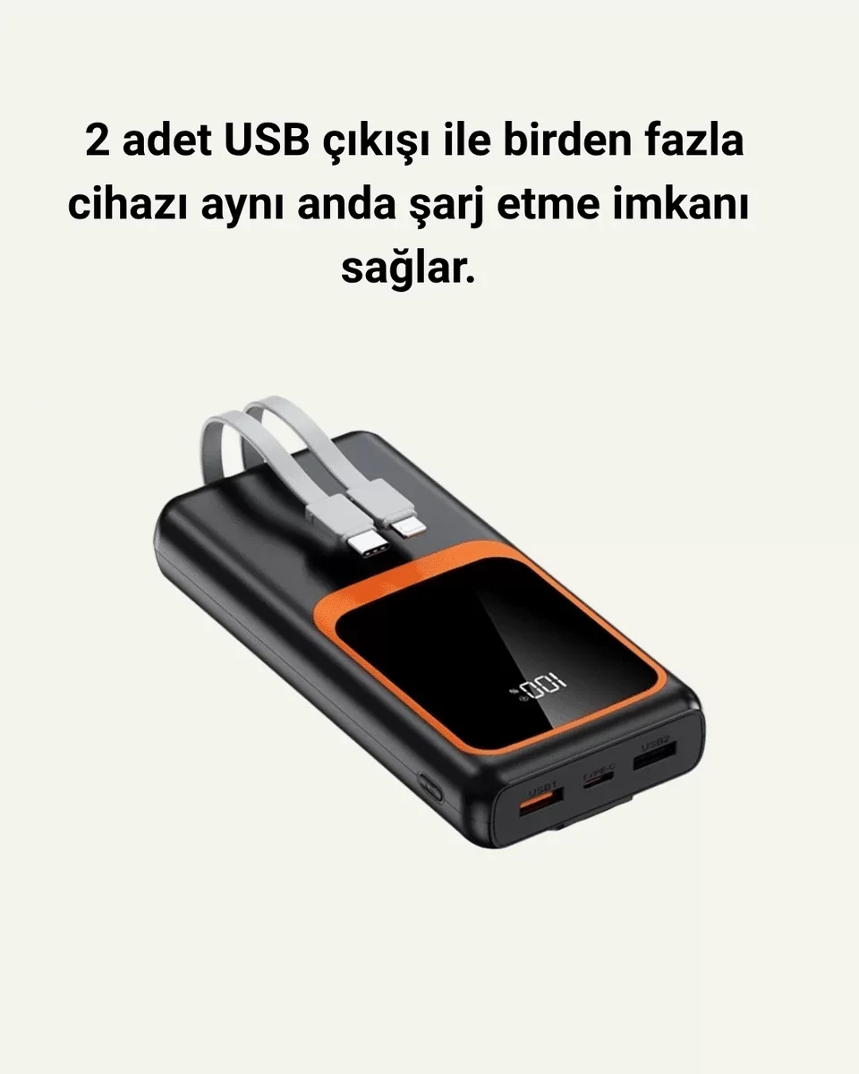 20.000 mAh Dijital Göstergeli Kablolu Powerbank - 22.5W Hızlı Şarj Cihazı
