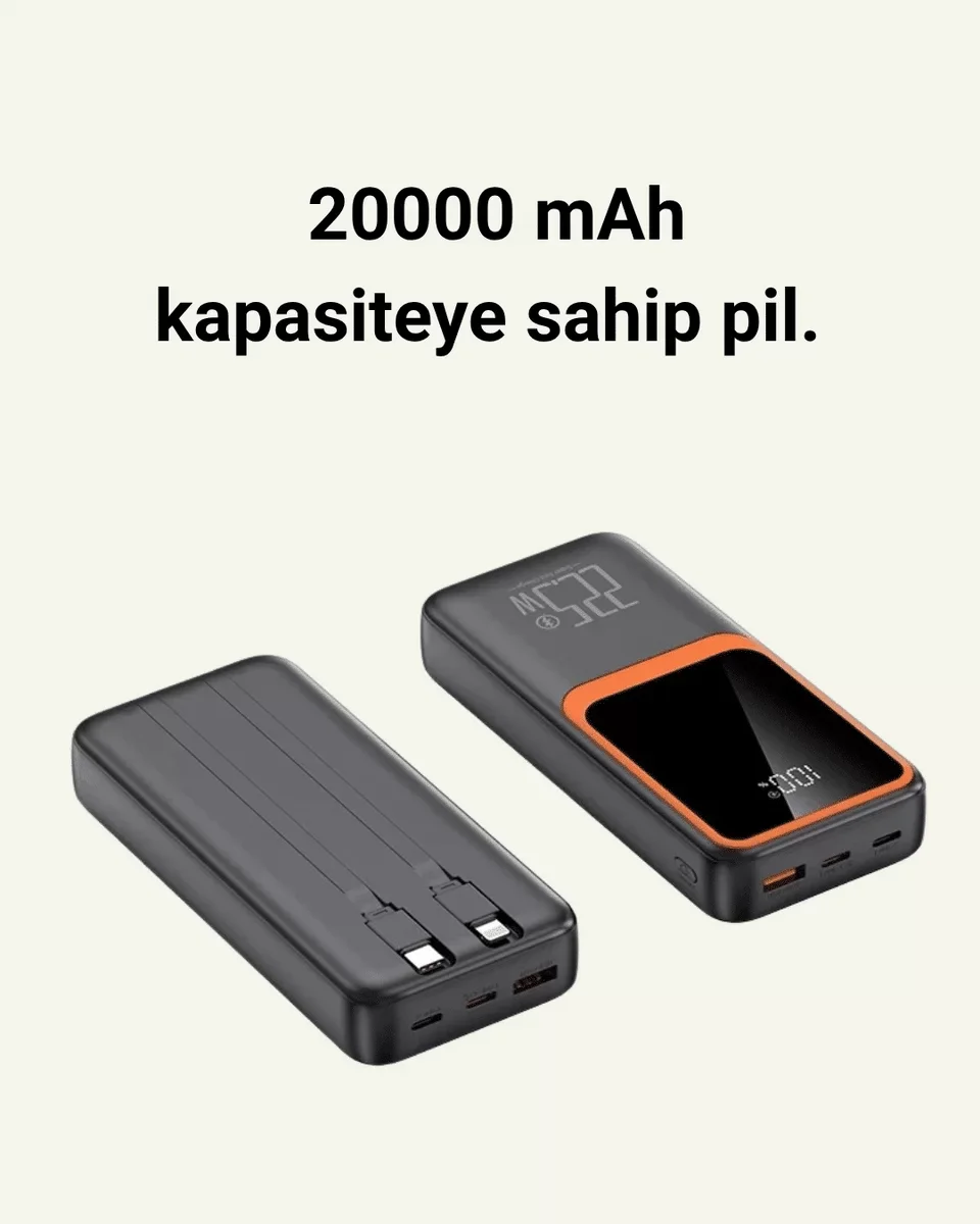 20.000 mAh Dijital Göstergeli Kablolu Powerbank - 22.5W Hızlı Şarj Cihazı
