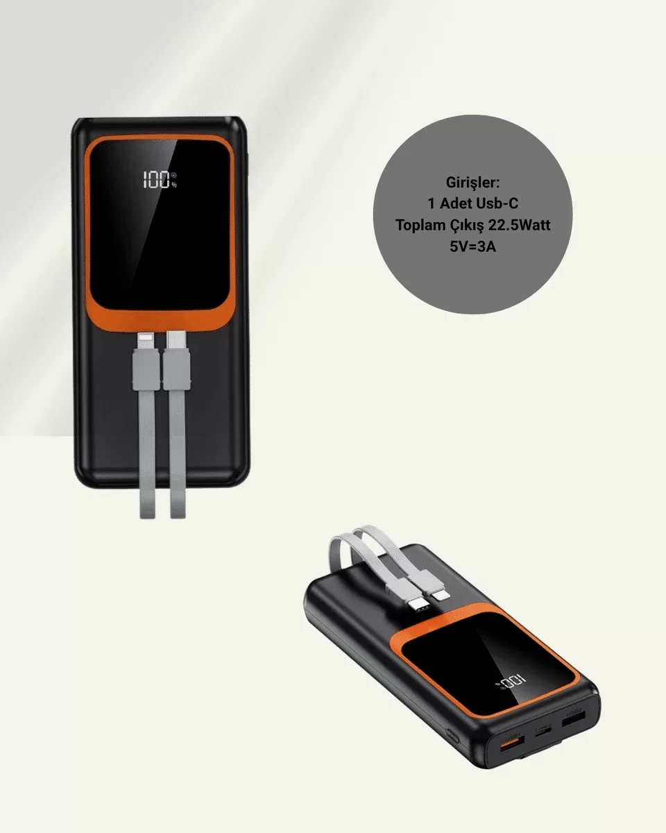 20.000 mAh Dijital Göstergeli Kablolu Powerbank - 22.5W Hızlı Şarj Cihazı