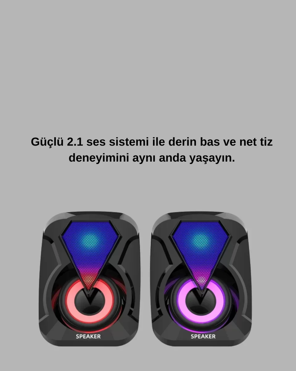 2+1 RGB LED Işıklı Güçlü Bas Sistemli Bilgisayar Hoparlörü - Oyun ve Müzik İçin