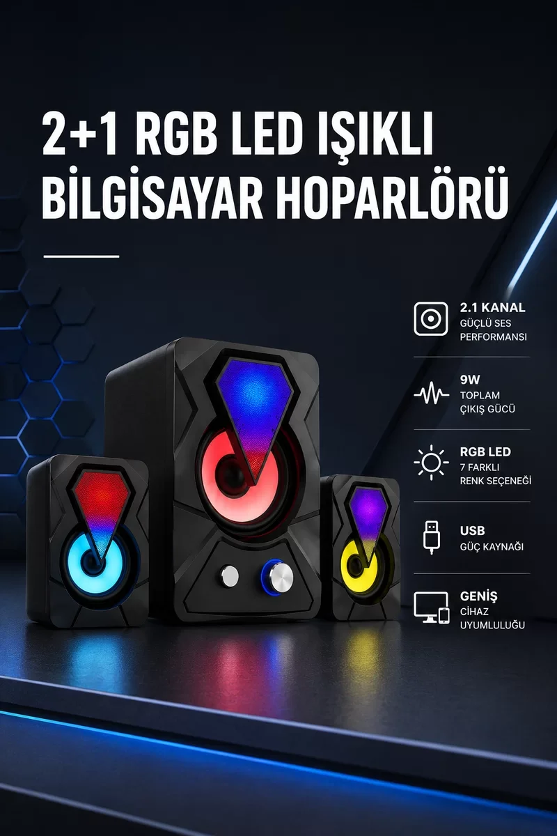 2+1 RGB LED Işıklı Güçlü Bas Sistemli Bilgisayar Hoparlörü - Oyun ve Müzik İçin