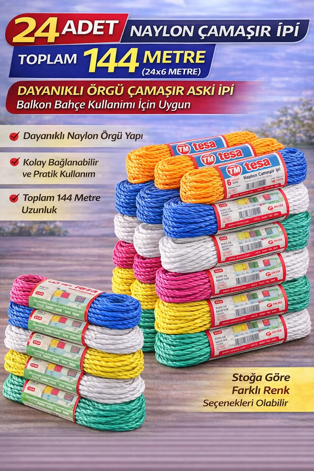24 Adet Dayanıklı Naylon Çamaşır İpi 6 Metre Toplam 144 Metre - Balkon ve Bahçe Kullanımına Uygun