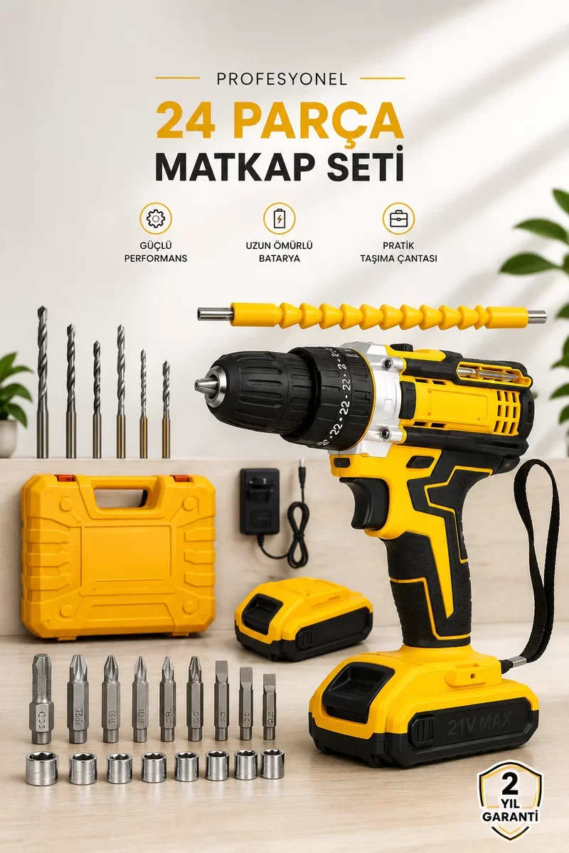 24 Parça Çift Bataryalı Şarjlı Matkap Seti - 24W Motor, Otomatik Mil ve LED Işık