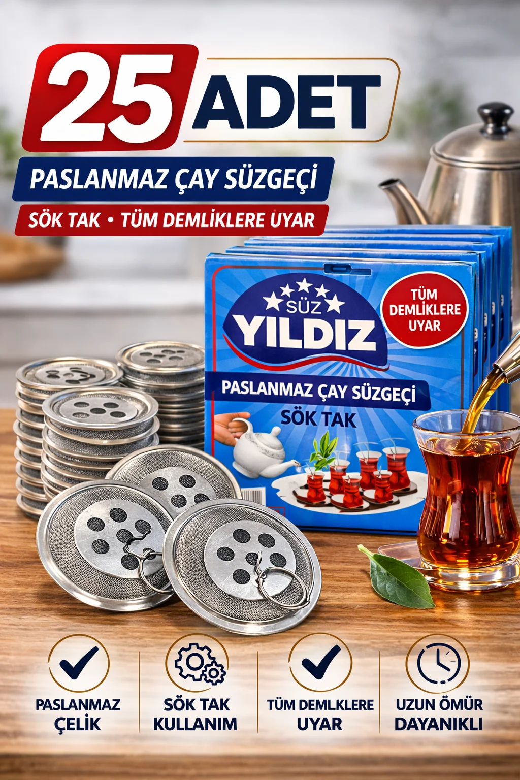 Northcity 25 Adet Paslanmaz Çelik Çaydanlık Süzgeci - Sök Tak Dem