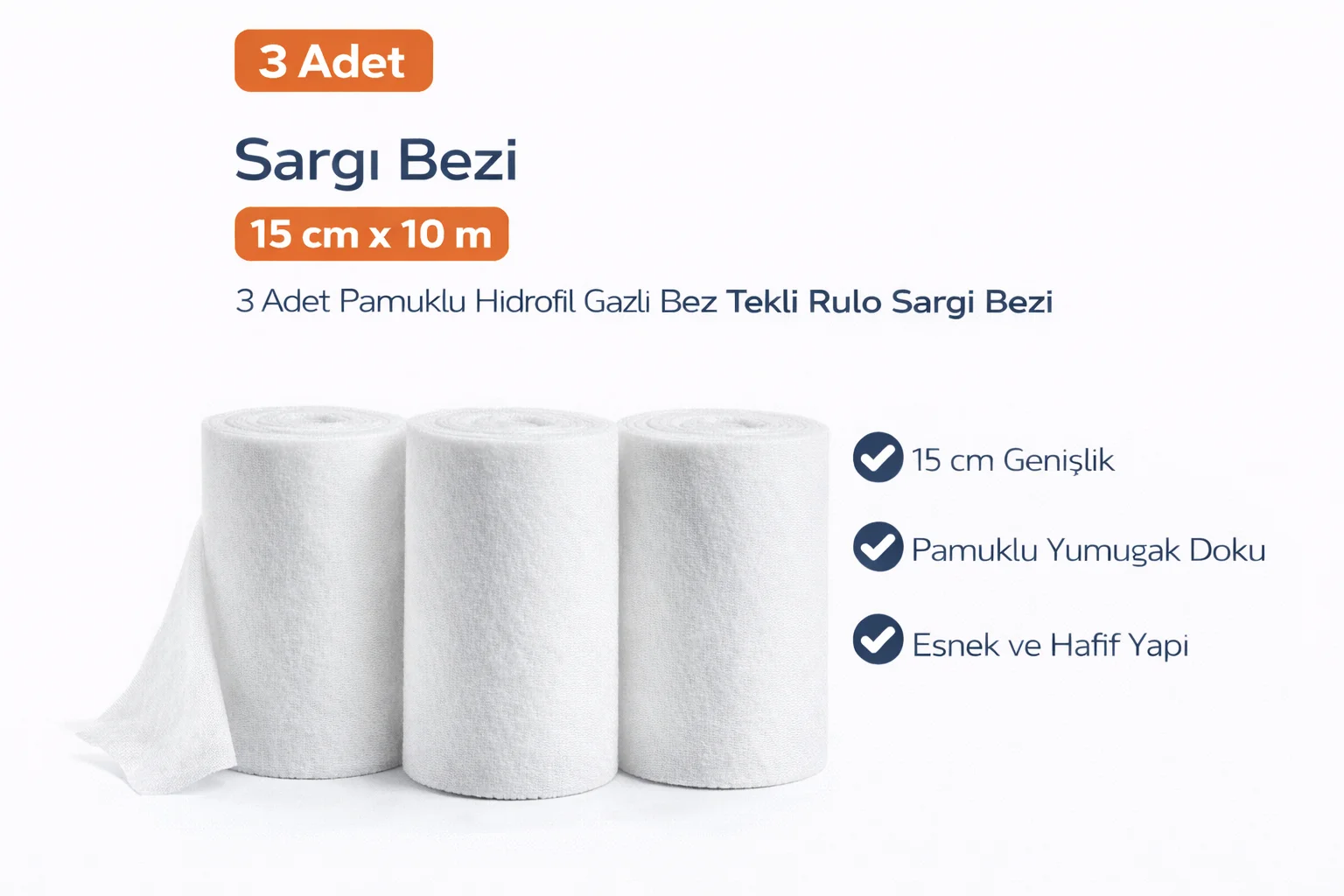 Northcity 3 Adet Sargı Bezi Rulo Seti - 15 cm x 10 m Pamuklu Hidr