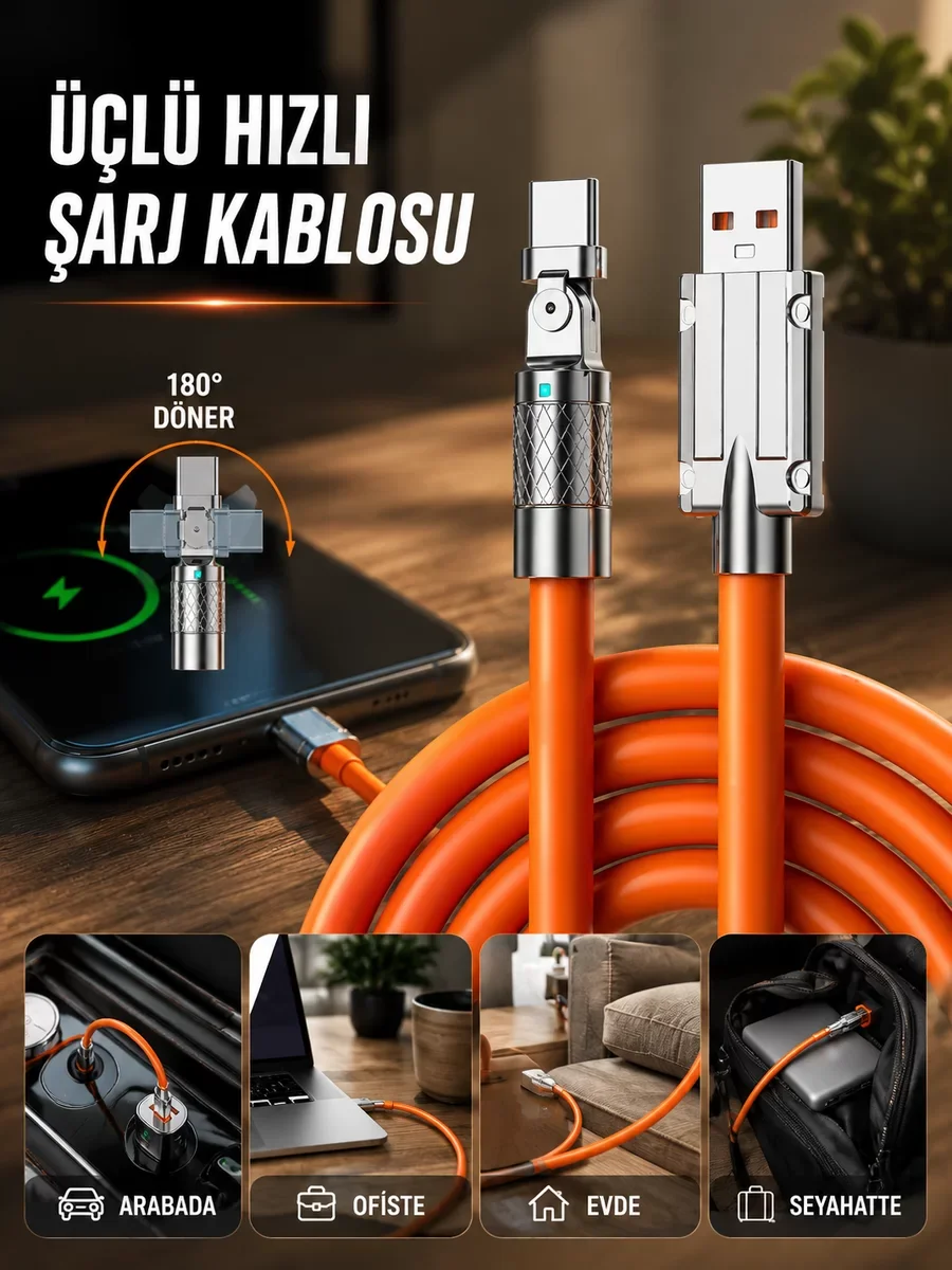 3 İn 1 Süper Hızlı Şarj Kablosu: Android ve iOS Uyumlu Silikon Şarj Kablosu
