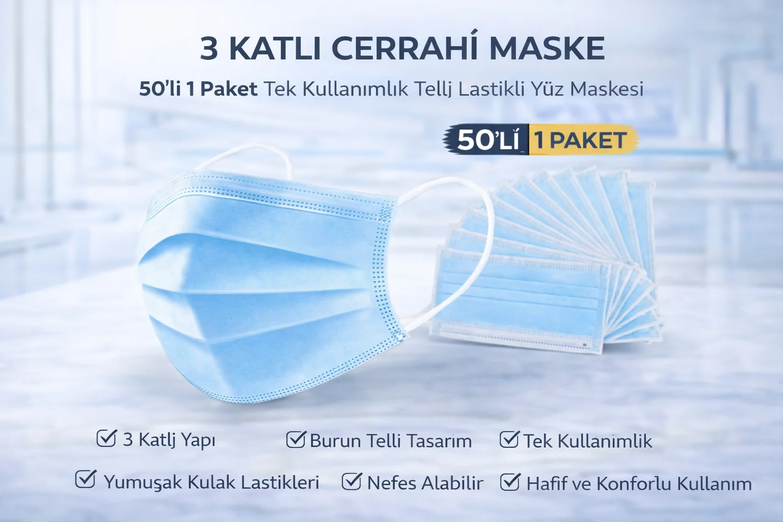 Northcity 3 Katlı Cerrahi Maske 50'li Paket Lastikli Tek Kullanım